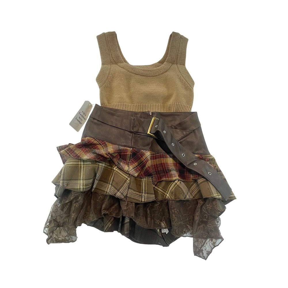 Plaid Tiered Ruffle Skirt Brown Lace Faux Leather Trim Mini Punk Grunge Med 3Set - Picture 5 of 8